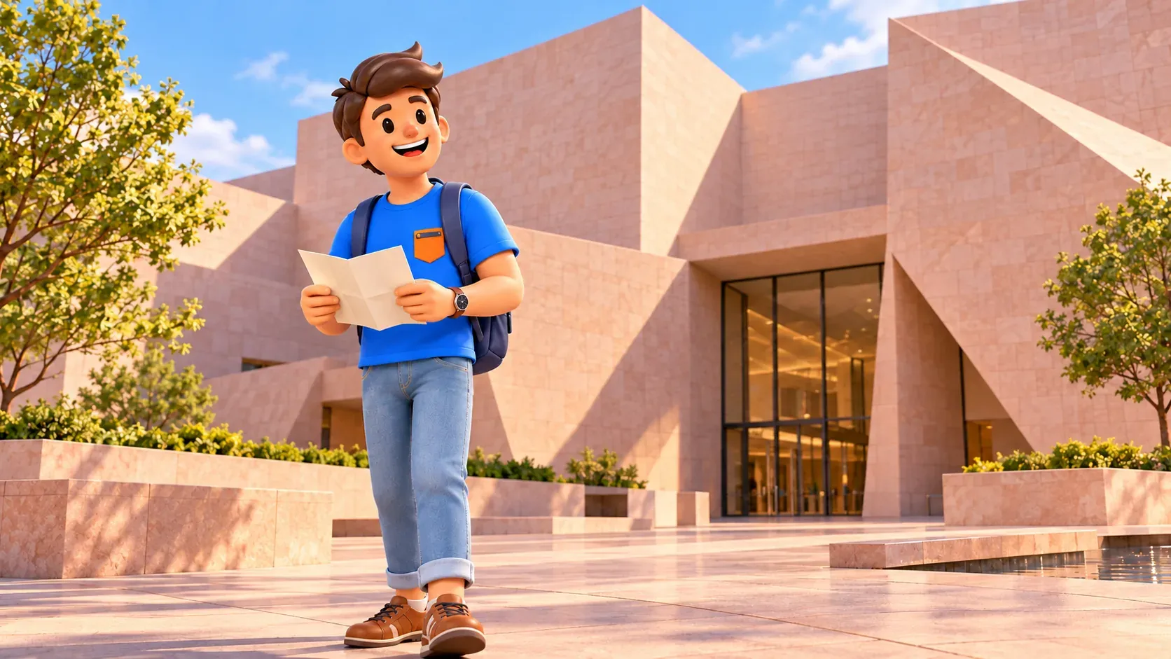 Illustration : Le voyageur près de la façade angulaire du bâtiment Est