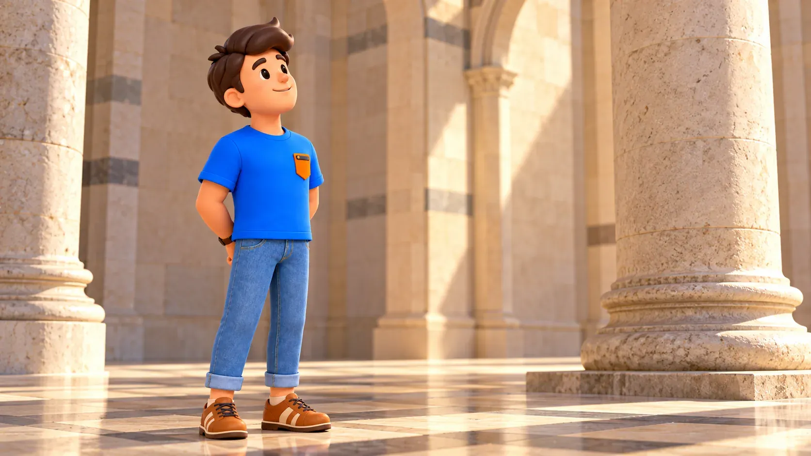 Le voyageur regarde avec intérêt des colonnes de pierre représentées librement.
