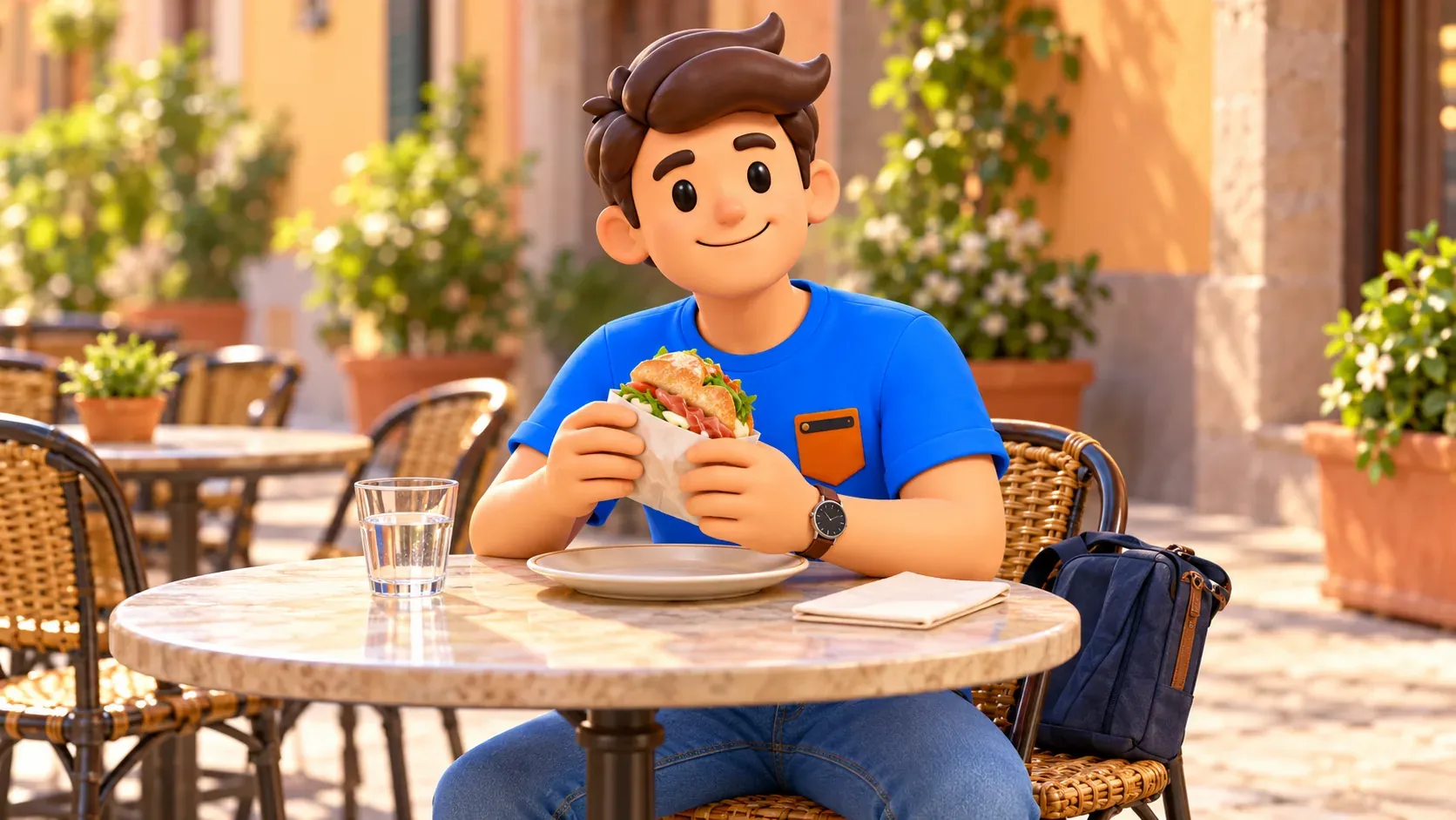 Le voyageur fait une pause en terrasse avec un sandwich et un verre d’eau.