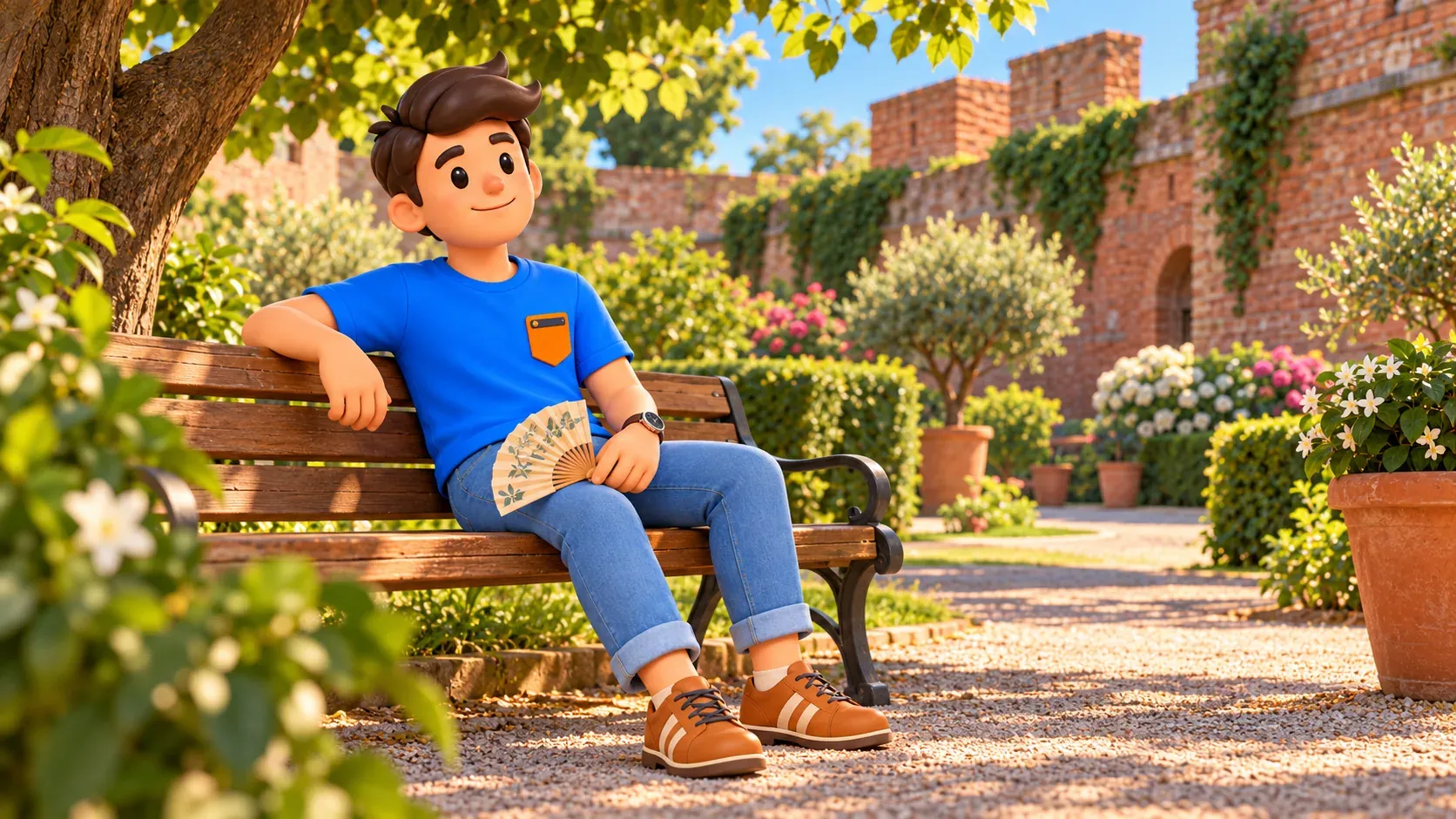 Le voyageur se repose avec un éventail dans un jardin illustré près d’un mur de briques.