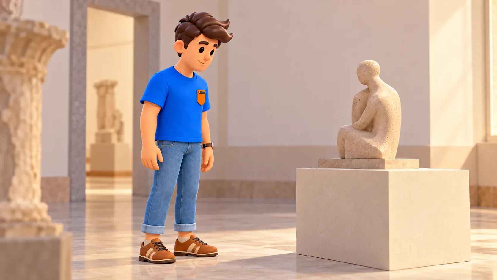 El viajero observa una escultura conceptual de piedra en un museo ilustrado.