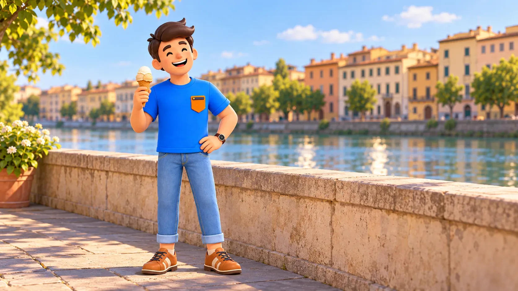 El viajero sonriente con un helado en un paseo fluvial ilustrado.