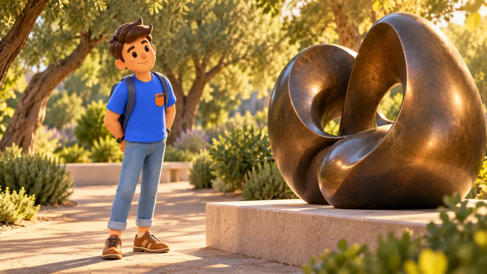Illustration: Looking attentively at sculpture from a path