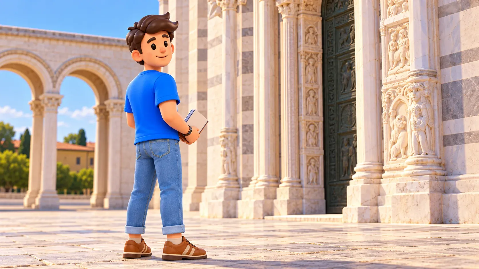 The traveller with a guidebook beside an artistically depicted Romanesque façade fragment.