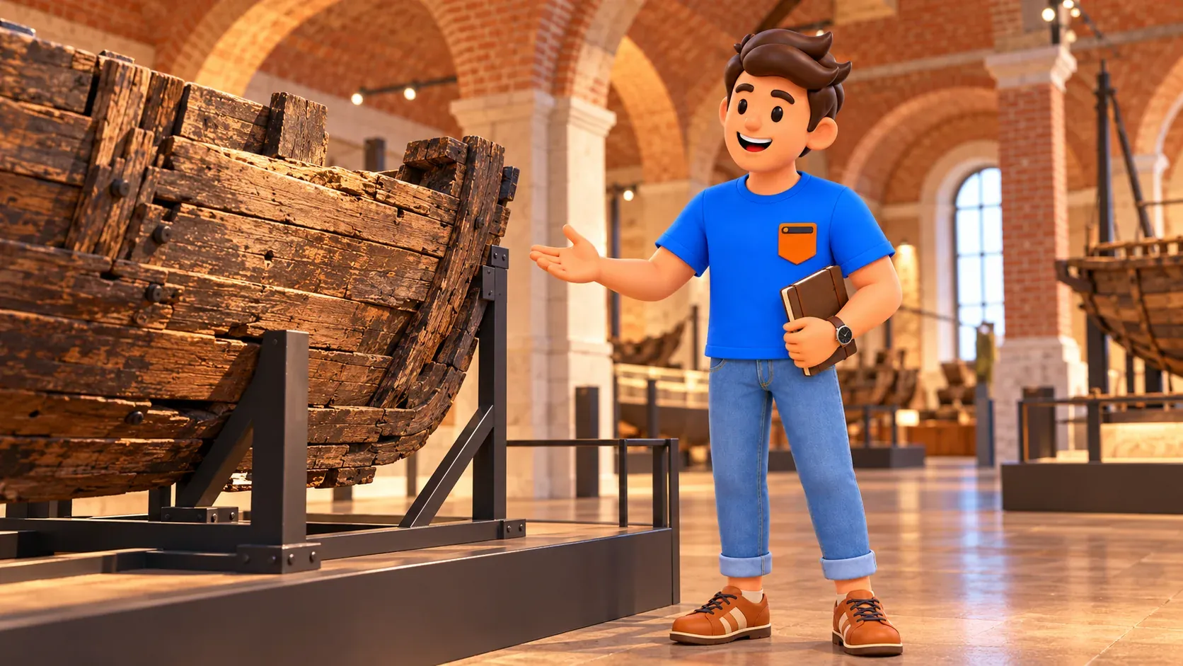 The traveller examines a conceptual wooden hull fragment on a support in an illustrated museum.