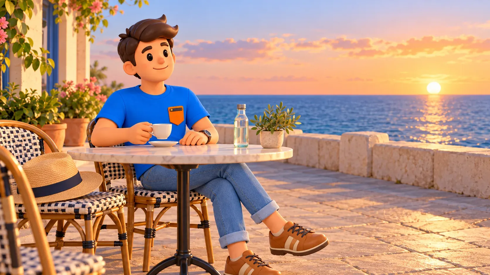 The traveller relaxes with a cup on an illustrated seaside terrace at sunset.