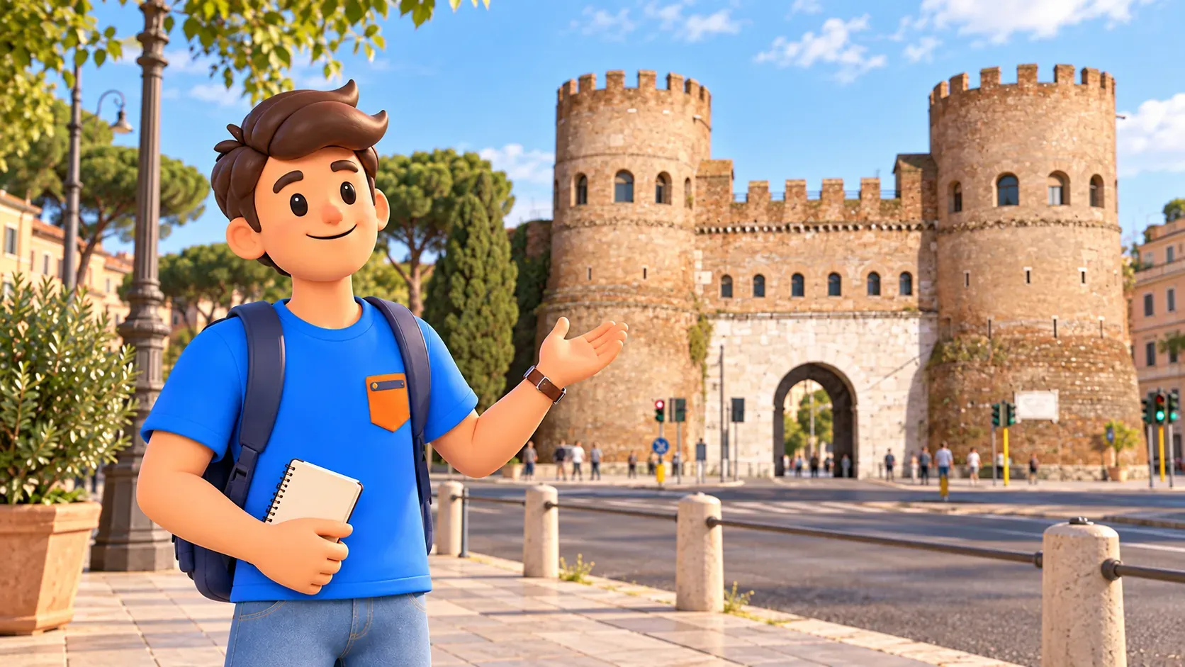 Ein Reisender mit Notizbuch vor den Rundtürmen der Porta San Paolo