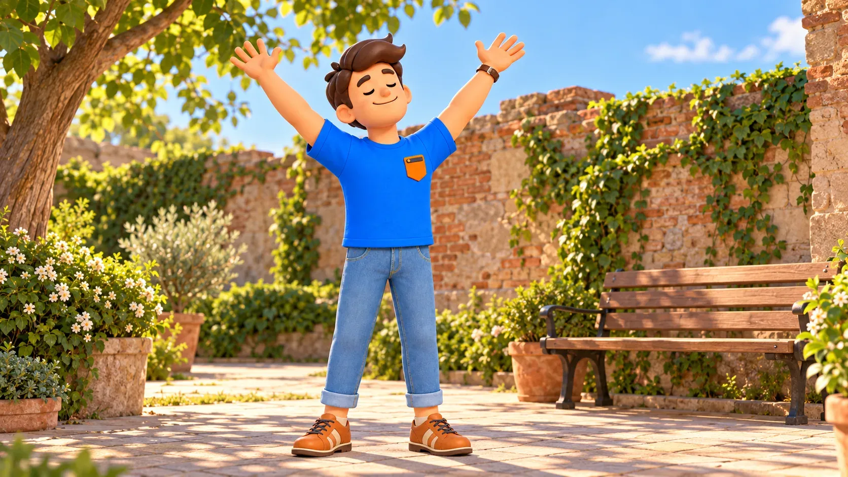 Le voyageur s’étire tranquillement dans un jardin illustré près d’un vieux mur de briques.