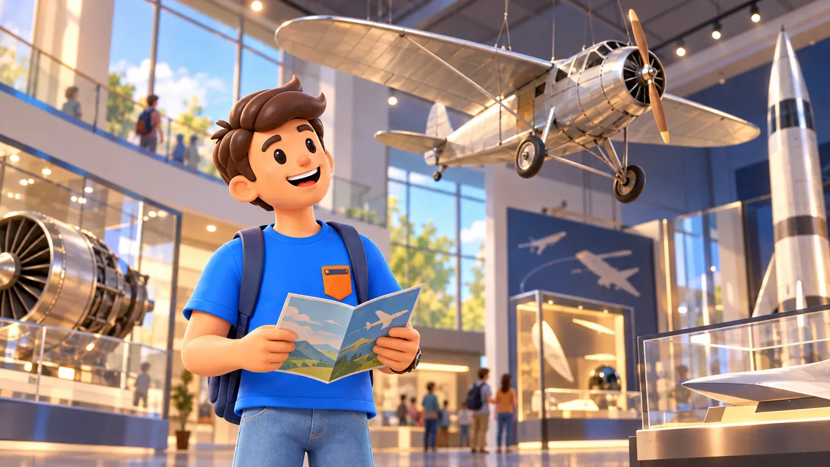 Illustration : Le personnage observe une exposition aéronautique