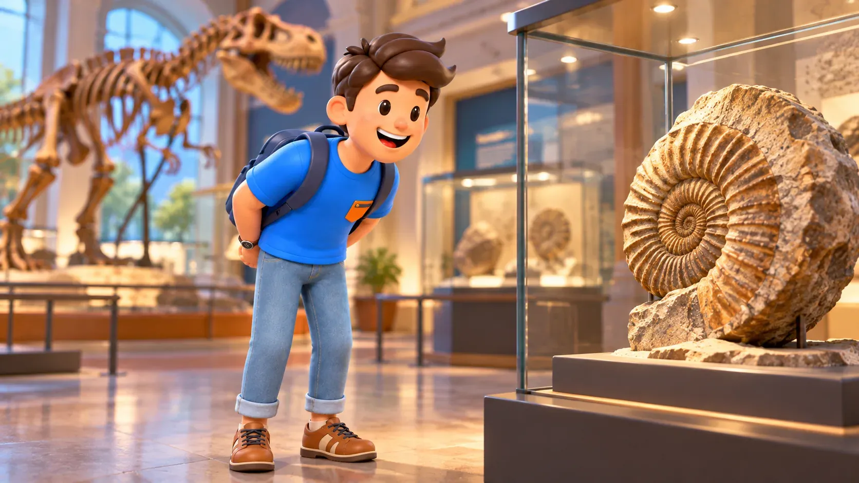 Illustration : Le personnage examine un fossile dans une vitrine