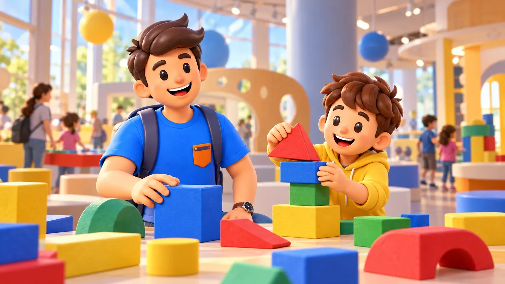 Illustration: Mit geometrischen Bausteinen im Kindermuseum spielen