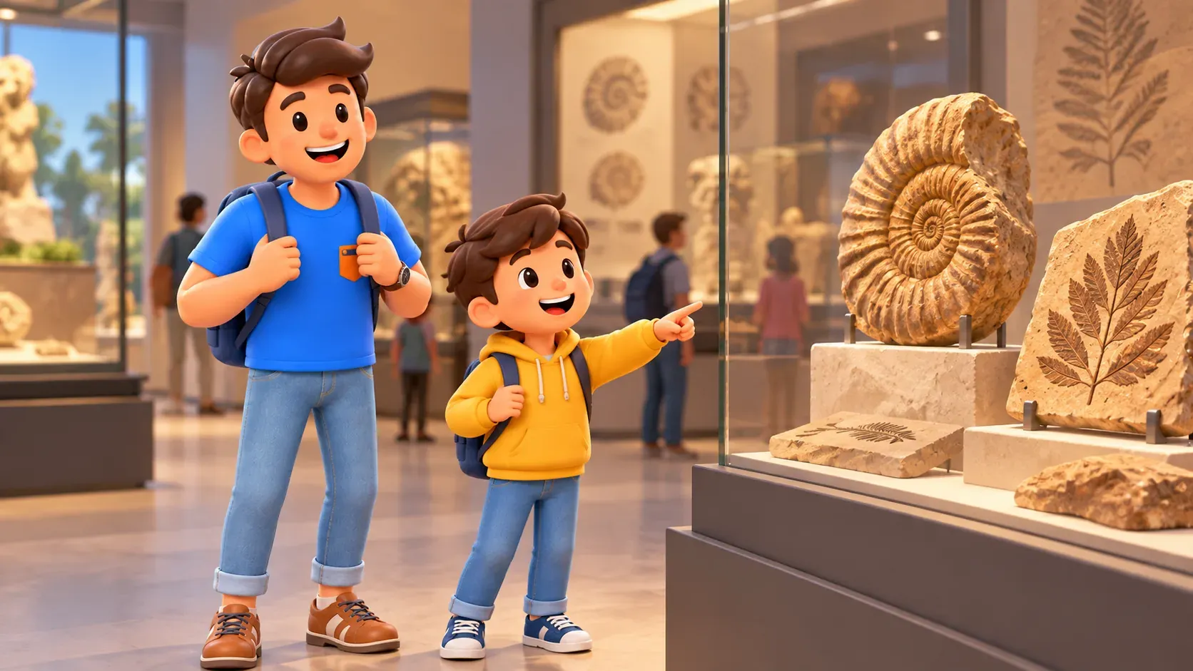 Illustration: Kind und Figur betrachten Fossilien