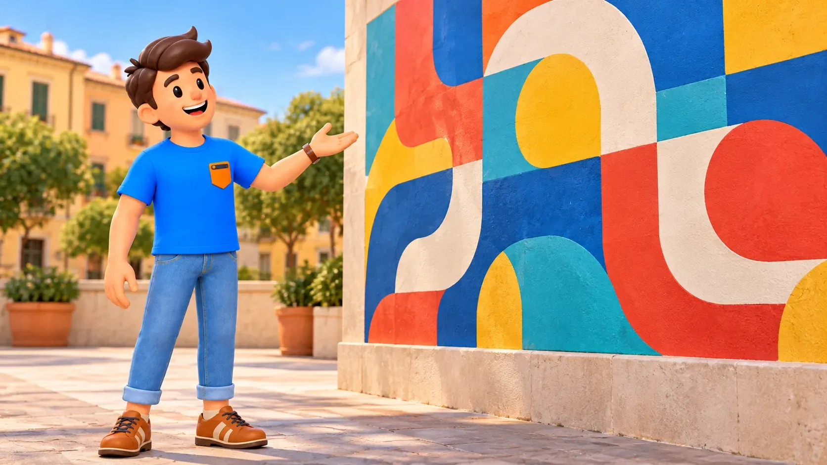 The traveller observes an abstract colourful wall; the illustration does not reproduce Tuttomondo.