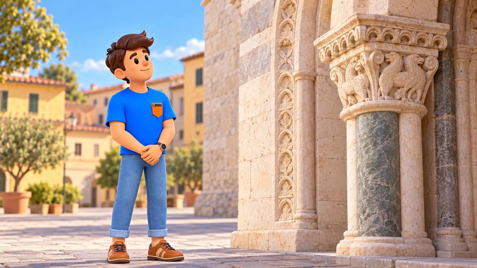 The traveller observes a conceptual Romanesque column and stone doorway fragment.