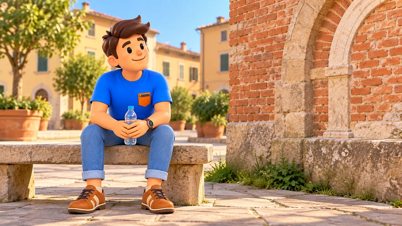 The traveller rests with a water bottle beside an artistically depicted brick arch.