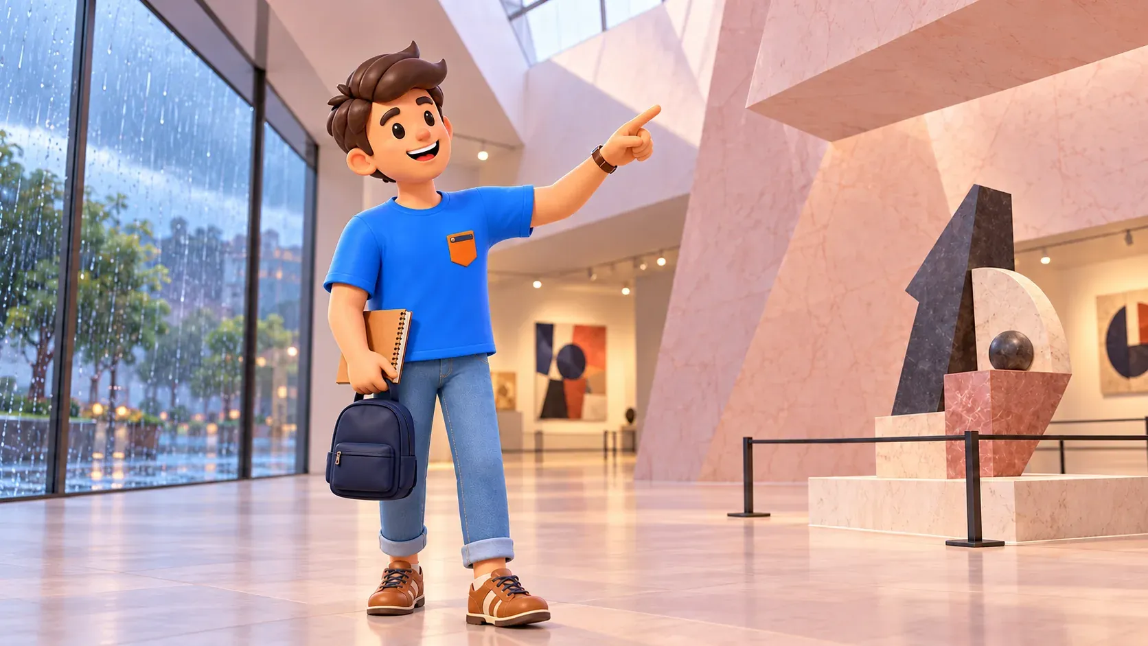 Ilustración: El personaje observa la geometría de un espacio museístico