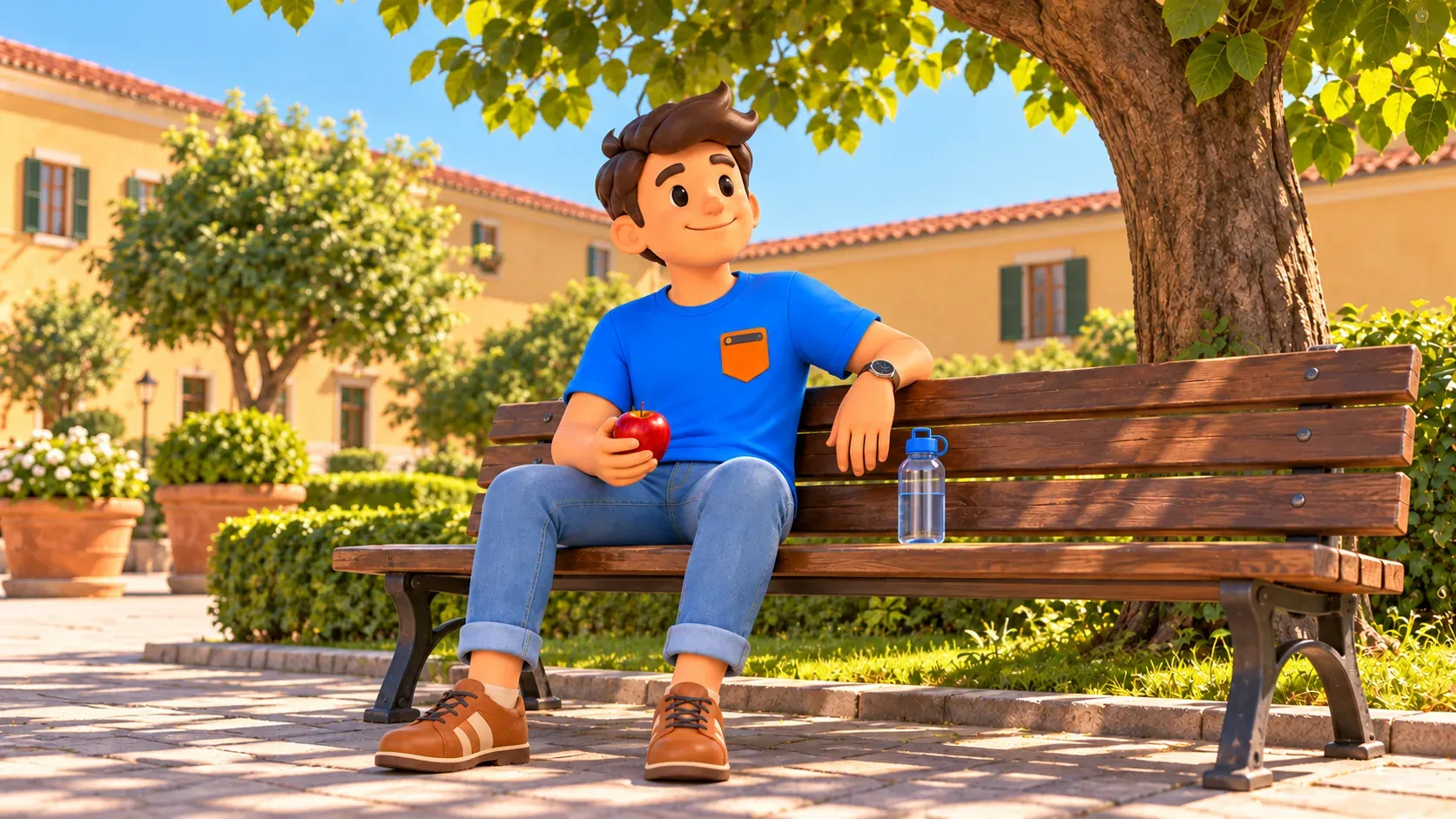 El viajero descansa con una manzana y agua en un espacio urbano verde ilustrado.