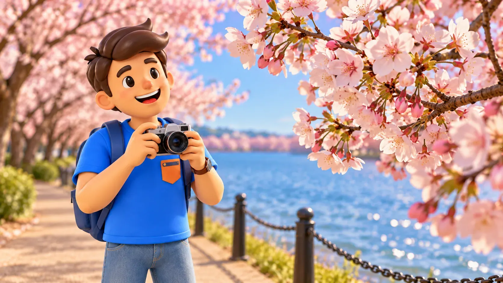 Illustration: Character observing cherry blossoms from the path