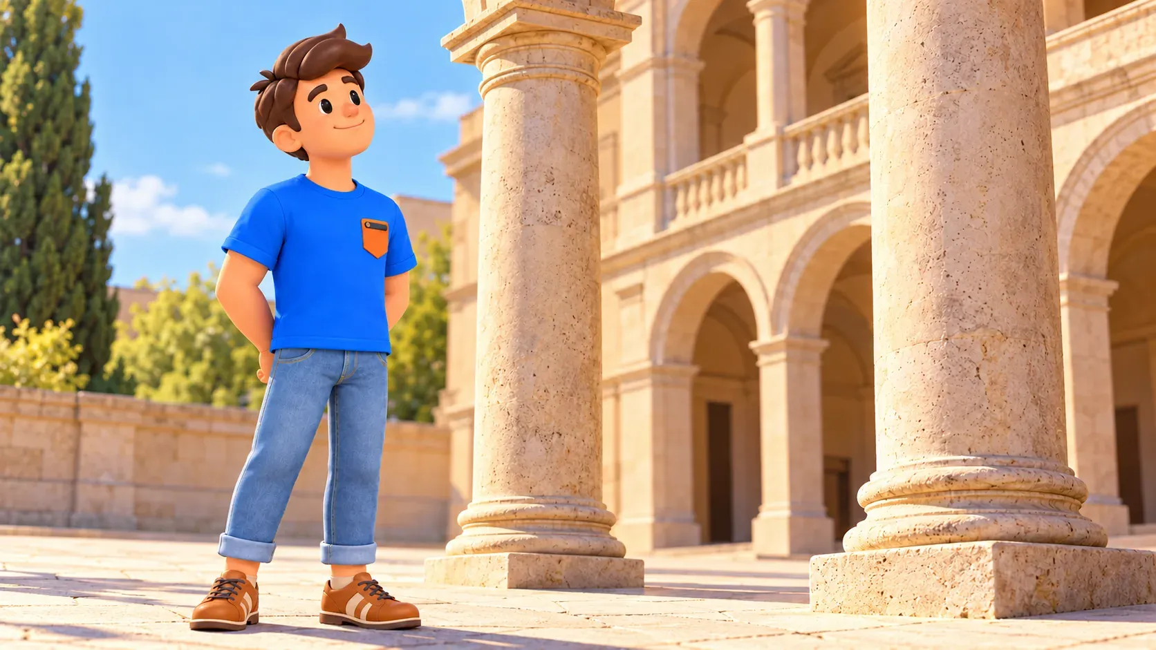 The traveller with hands behind his back observes conceptually depicted columns and galleries.
