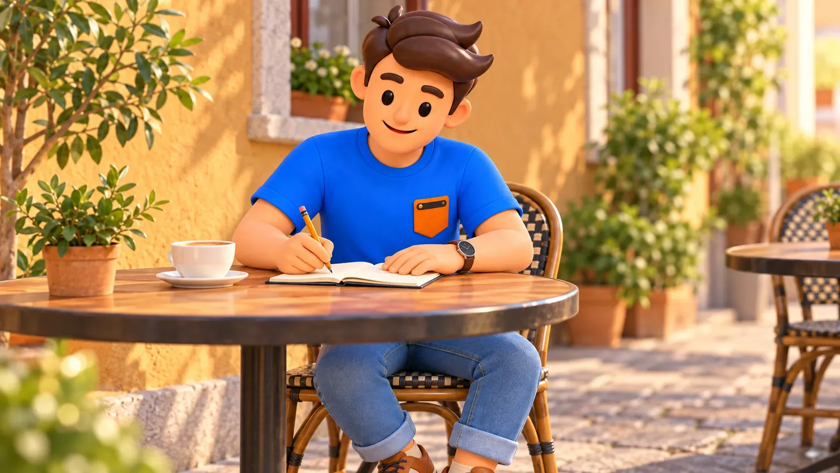 The traveller writes in a notebook with a pencil at a café table beside a cup.