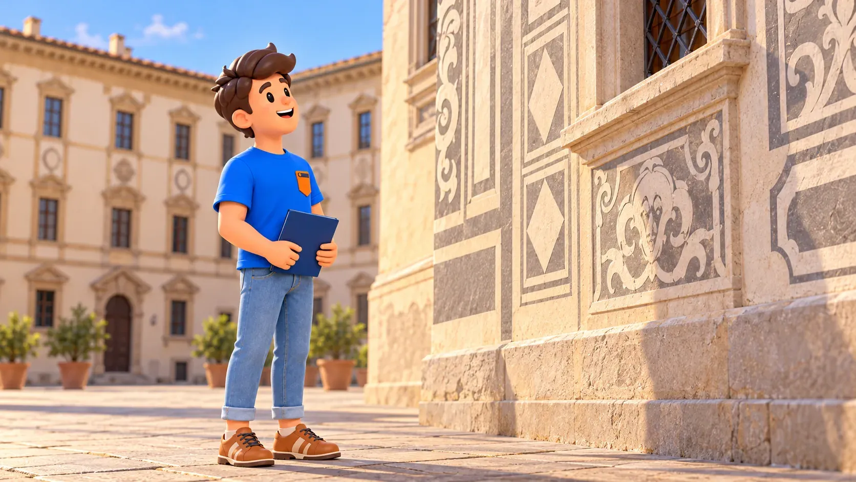 The traveller holding a blue folder observes an artistically depicted geometric sgraffito fragment.