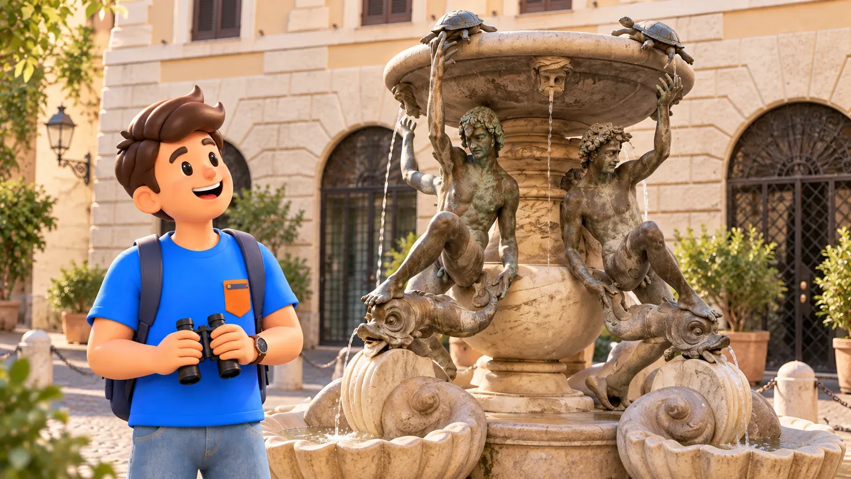 A traveller holds binoculars before the Turtle Fountain on Piazza Mattei