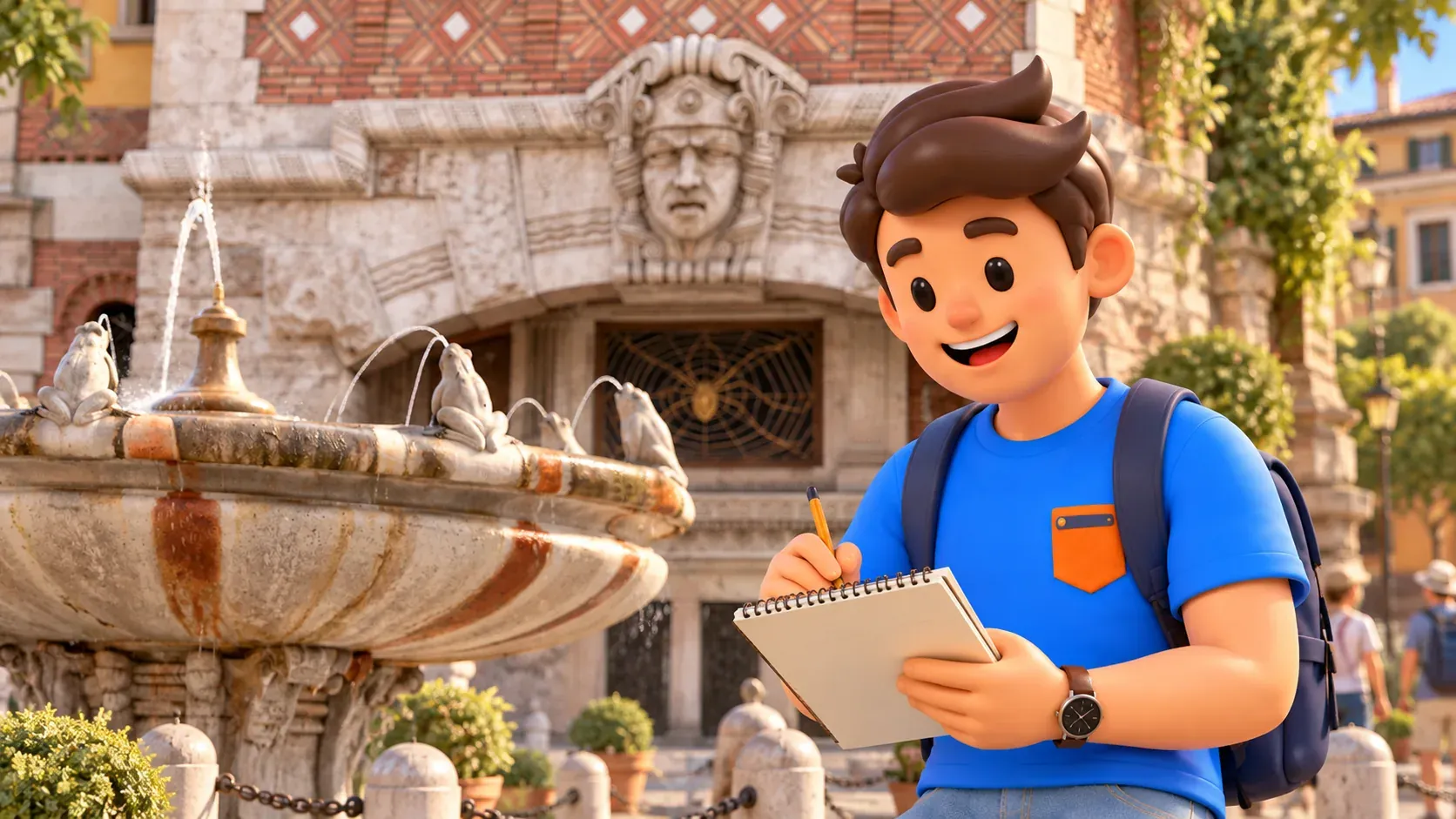 A traveller sketches beside the upper basin of Coppedè’s Fountain of the Frogs