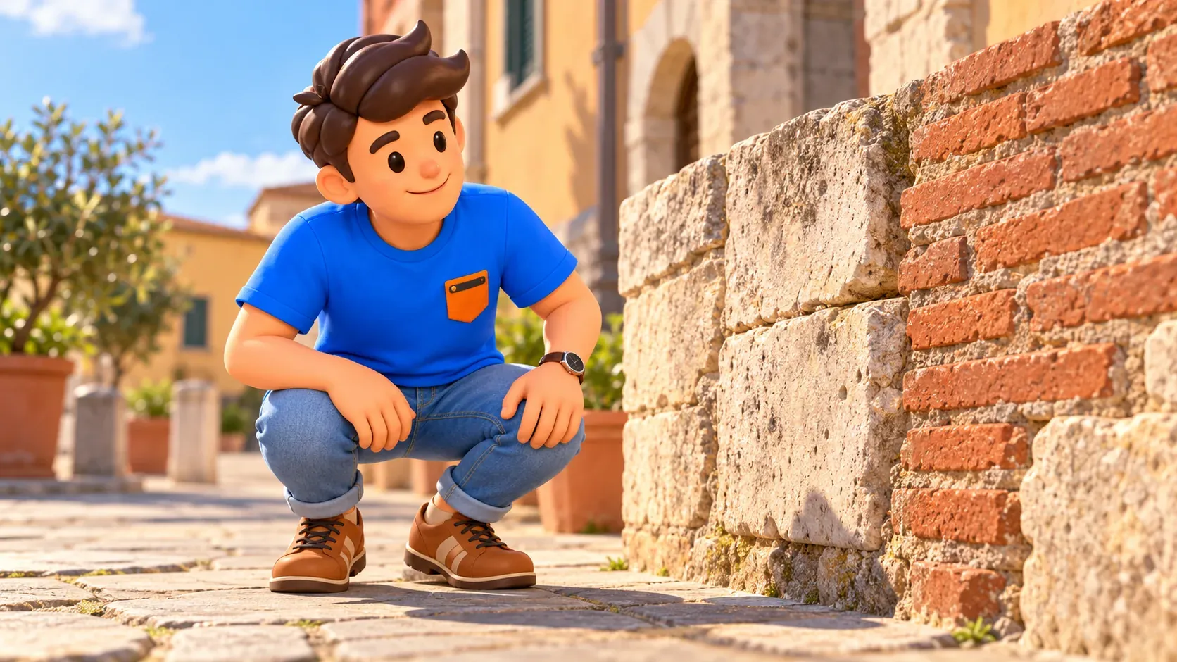 The traveller crouches with hands on his knees to observe conceptually depicted stone and brick masonry.