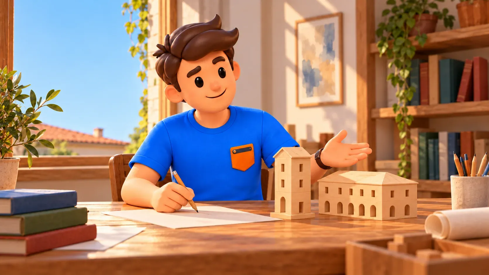 The traveller at a table compares wooden educational models of a tall narrow house and a broad palace.