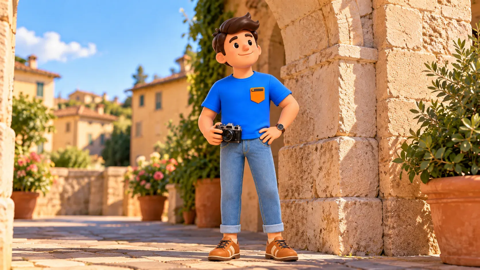 The traveller holding a camera at his waist looks up beside an artistically depicted stone arch fragment.