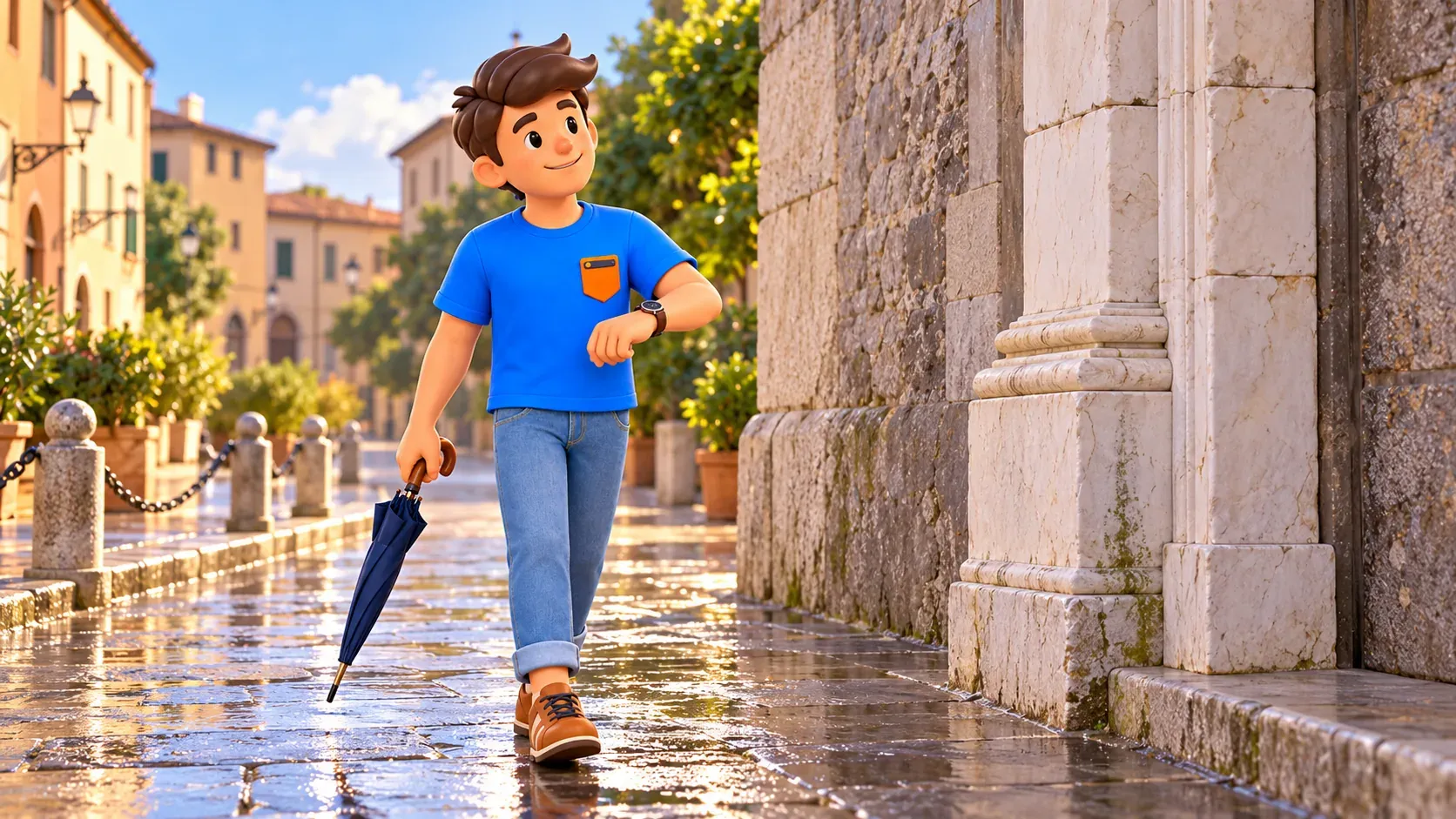 Le voyageur portant un parapluie fermé marche sur un pavage humide près d’un décor de pierre blanche illustré.