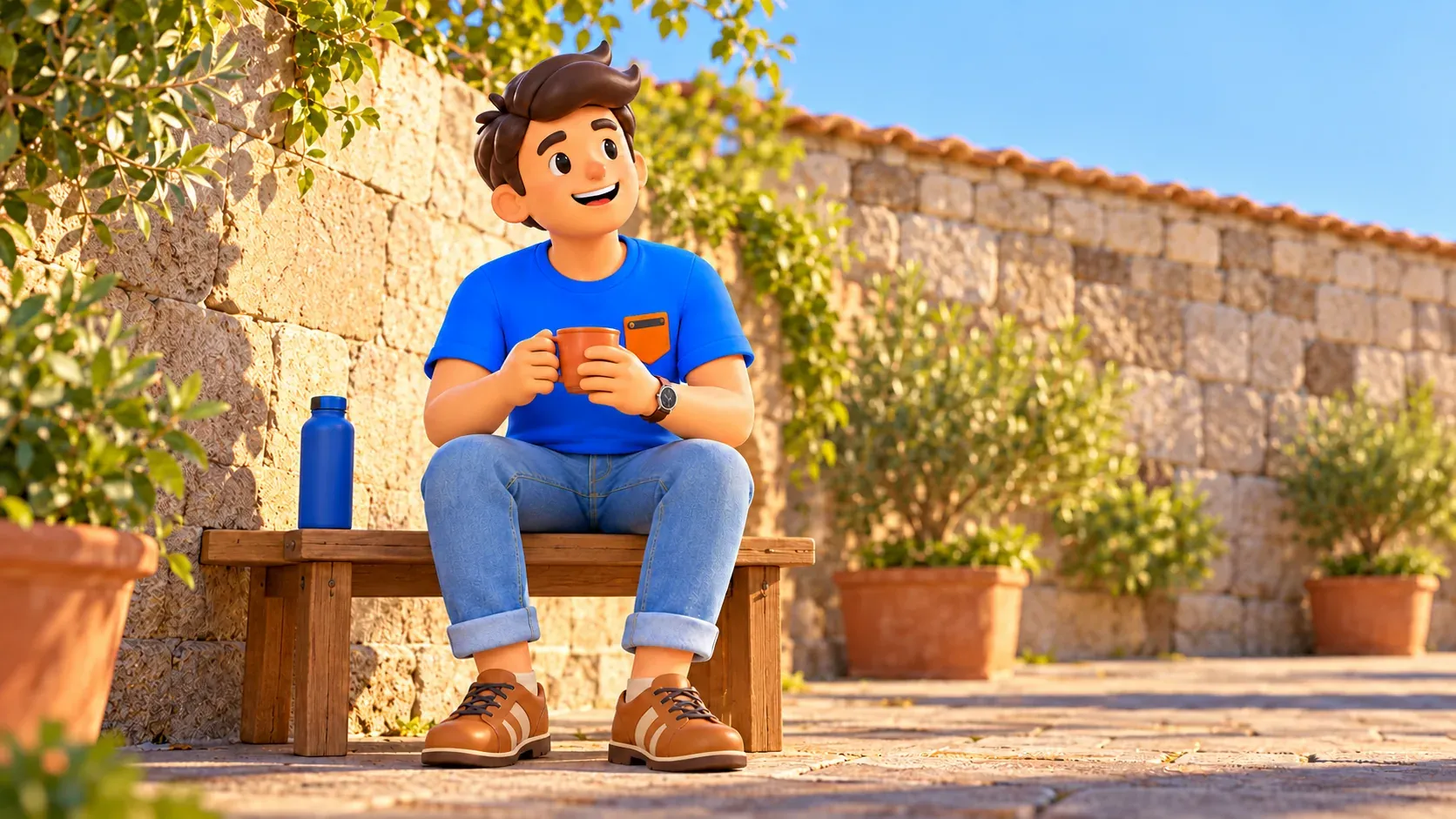 Le voyageur se repose sur un banc de bois avec tasse et bouteille d’eau près d’un mur de pierre illustré.