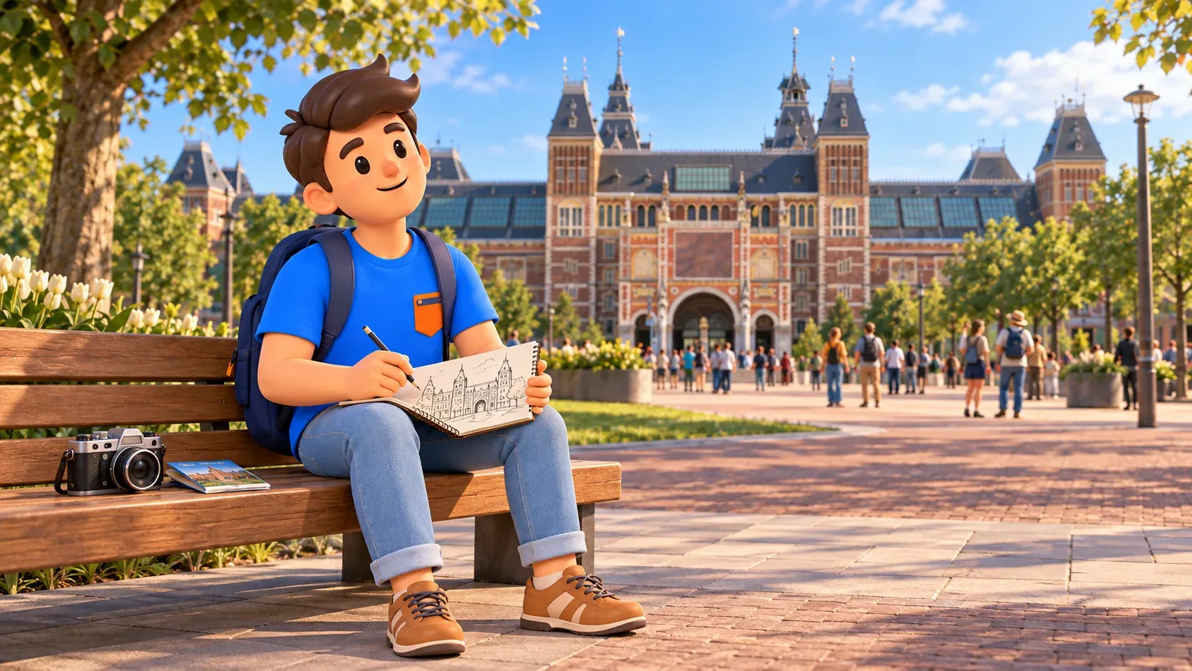 A traveller sketching the Rijksmuseum in a notebook while sitting on a bench near Museumplein