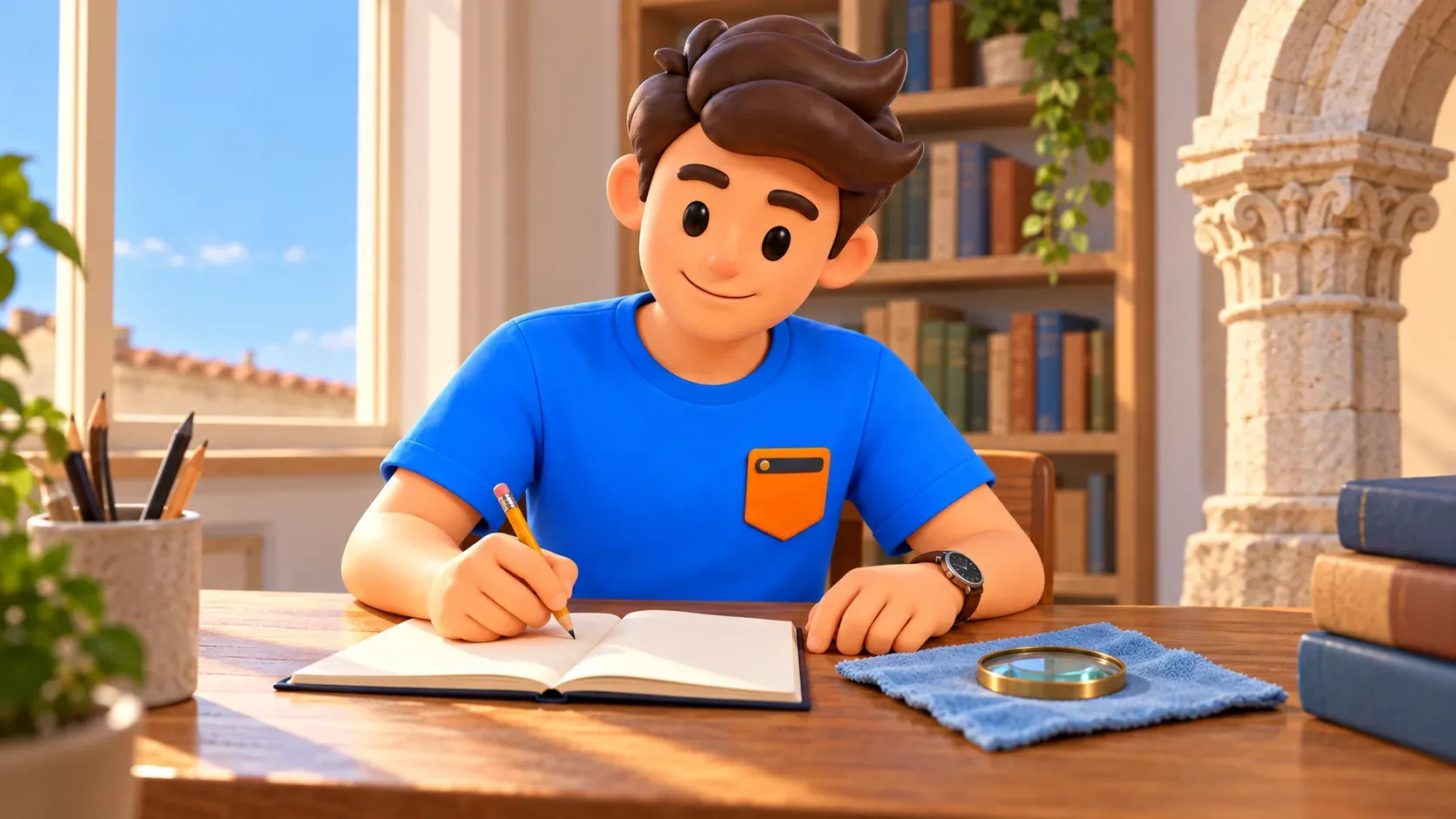 El viajero escribe con lápiz en un cuaderno junto a una lente sobre tela azul.