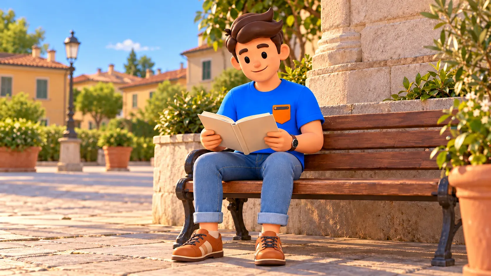 El viajero lee un libro abierto en un banco de madera junto a un muro y vegetación ilustrados.