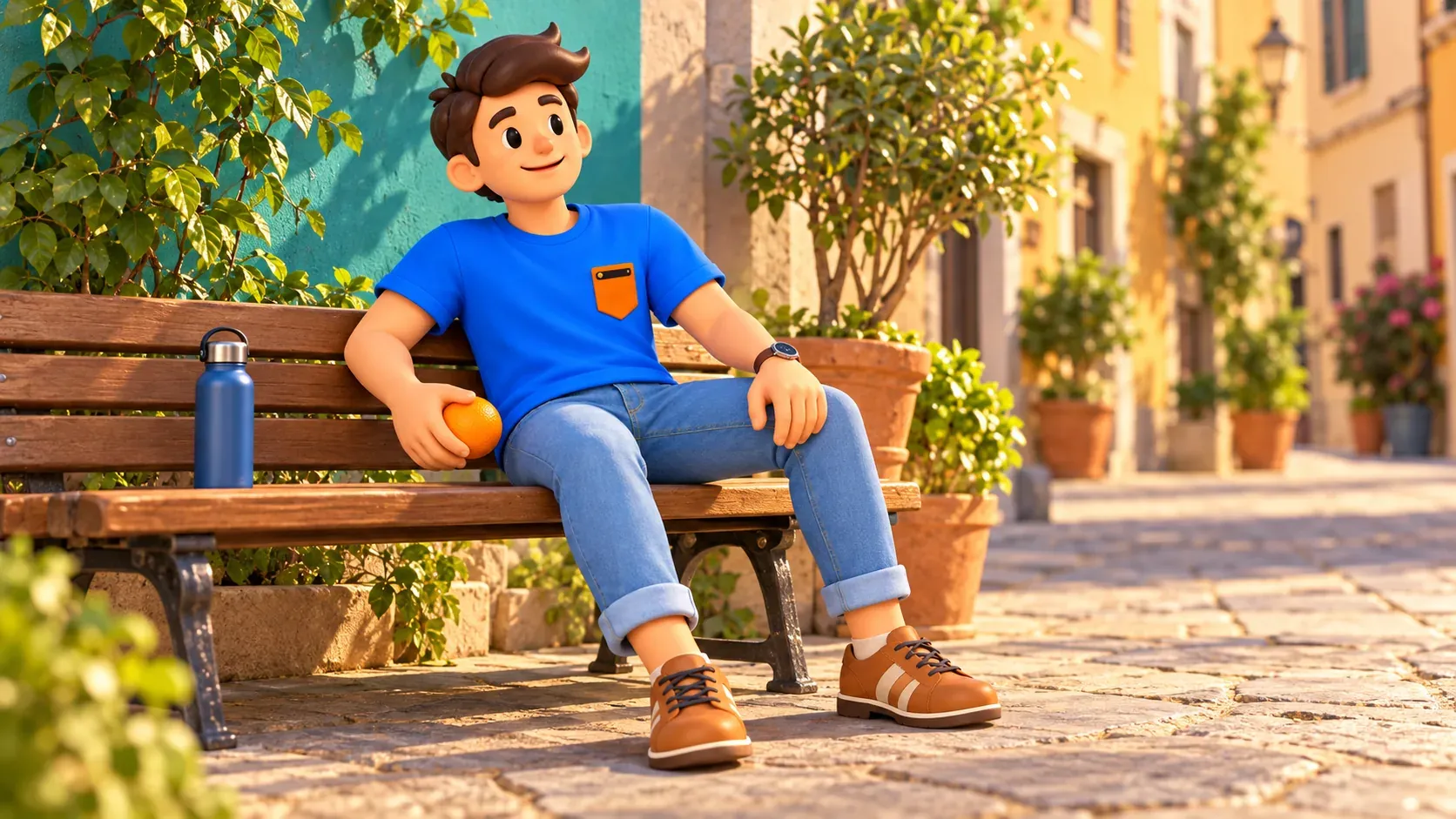 The traveller rests with an orange and water bottle on a wooden bench beside a plain teal wall.