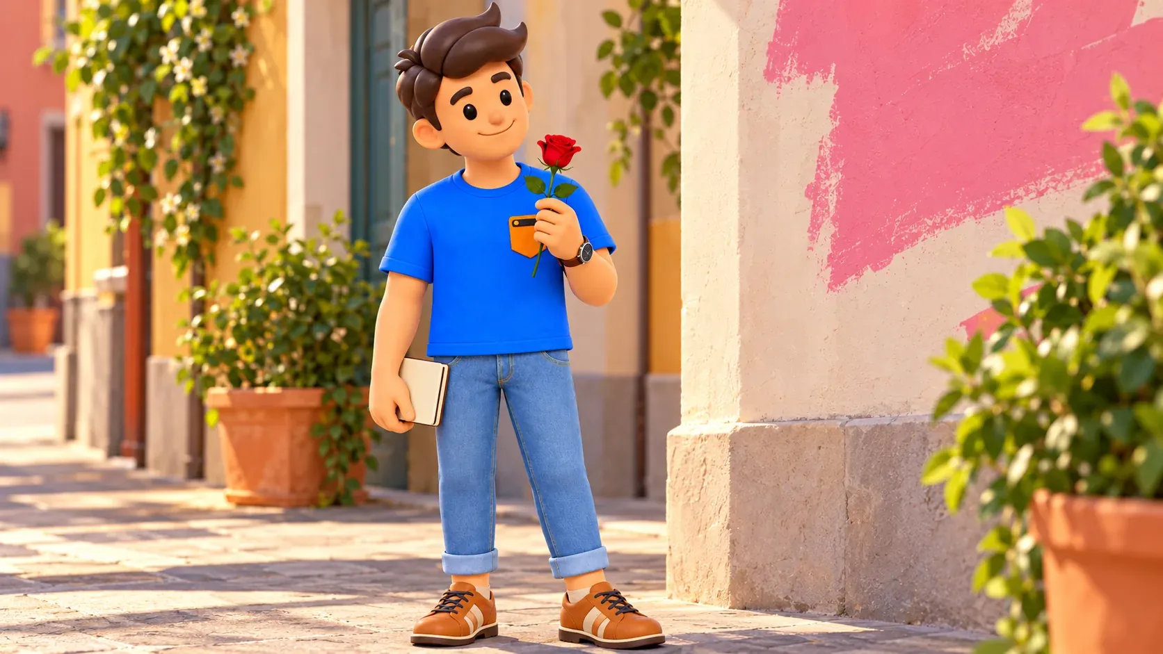 The traveller with a red rose and closed notebook stands beside a conceptual pink colour fragment.