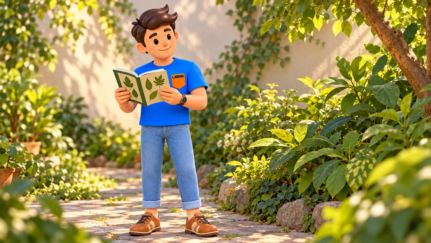 Le voyageur tient un guide ouvert illustré de feuilles parmi la verdure.
