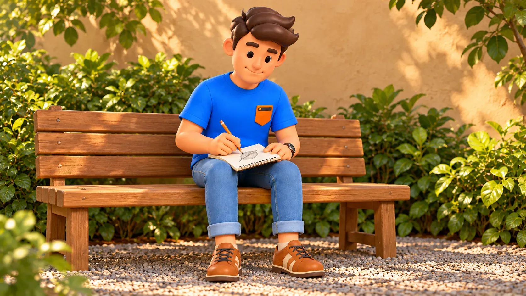Assis sur un banc, le voyageur dessine une feuille dans un carnet, crayon dans la main droite.