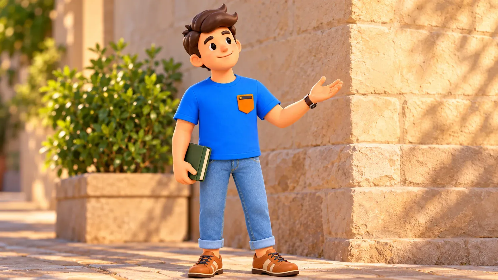 Le voyageur avec un carnet vert fermé regarde la lumière près d’un mur de pierre imaginé du quartier.