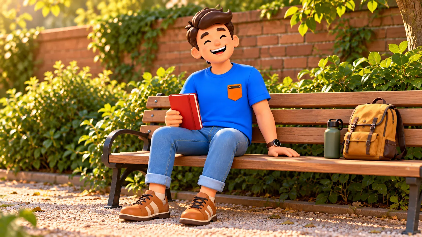 Le voyageur se repose avec un carnet rouge sur un banc, près d’un sac à dos et d’eau.