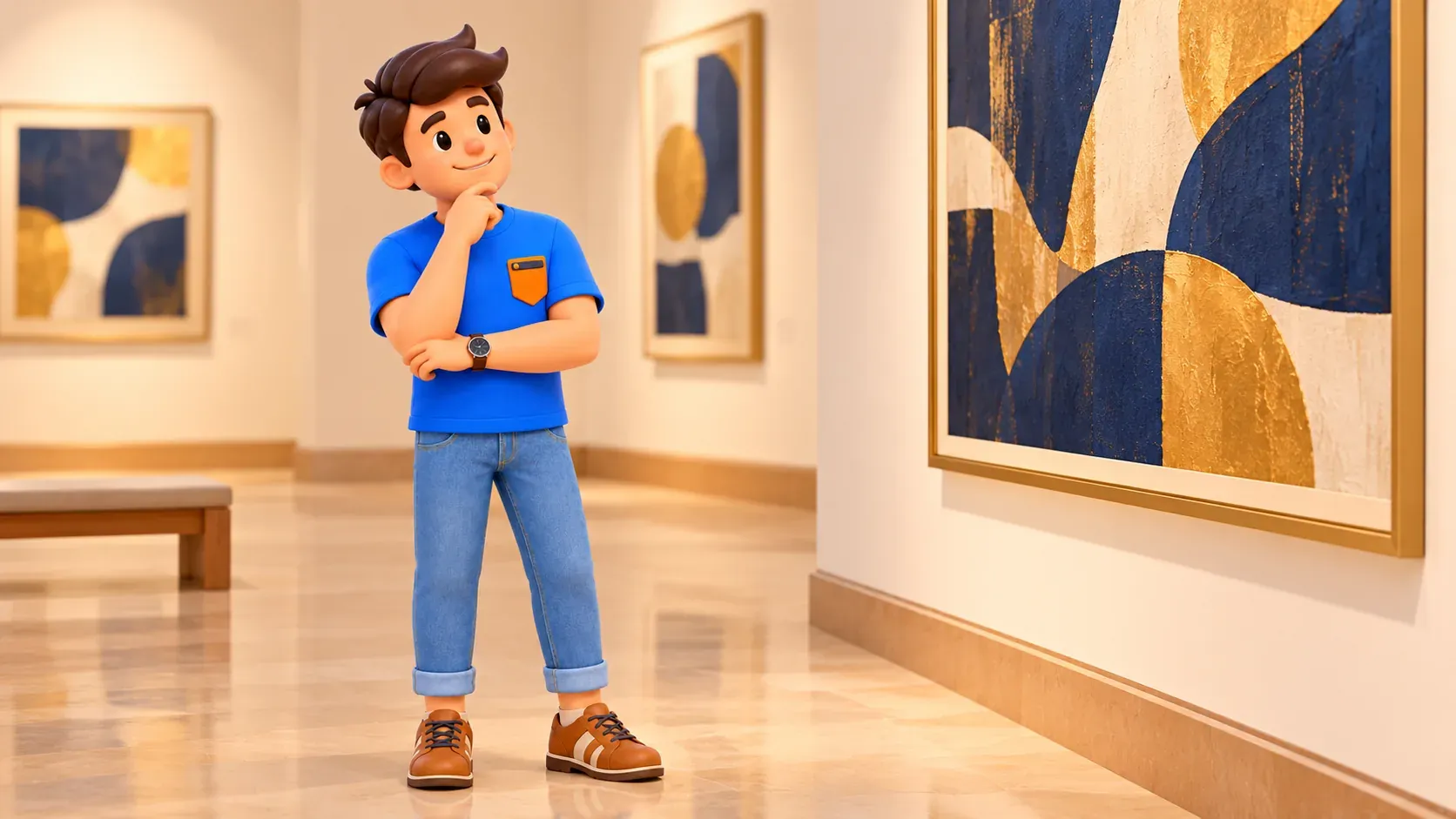 Le voyageur contemple un tableau abstrait imaginé dans une galerie fictive, pas une salle de San Matteo.