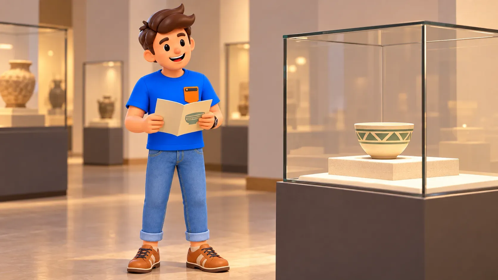 Le voyageur avec un dépliant devant une vitrine de céramique ; objet et salle sont imaginés.