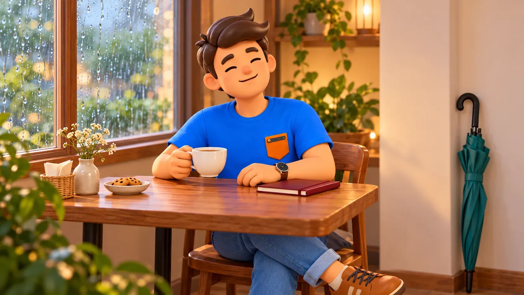 Le voyageur se repose avec une tasse près d’une fenêtre mouillée, d’un carnet et d’un parapluie fermé.