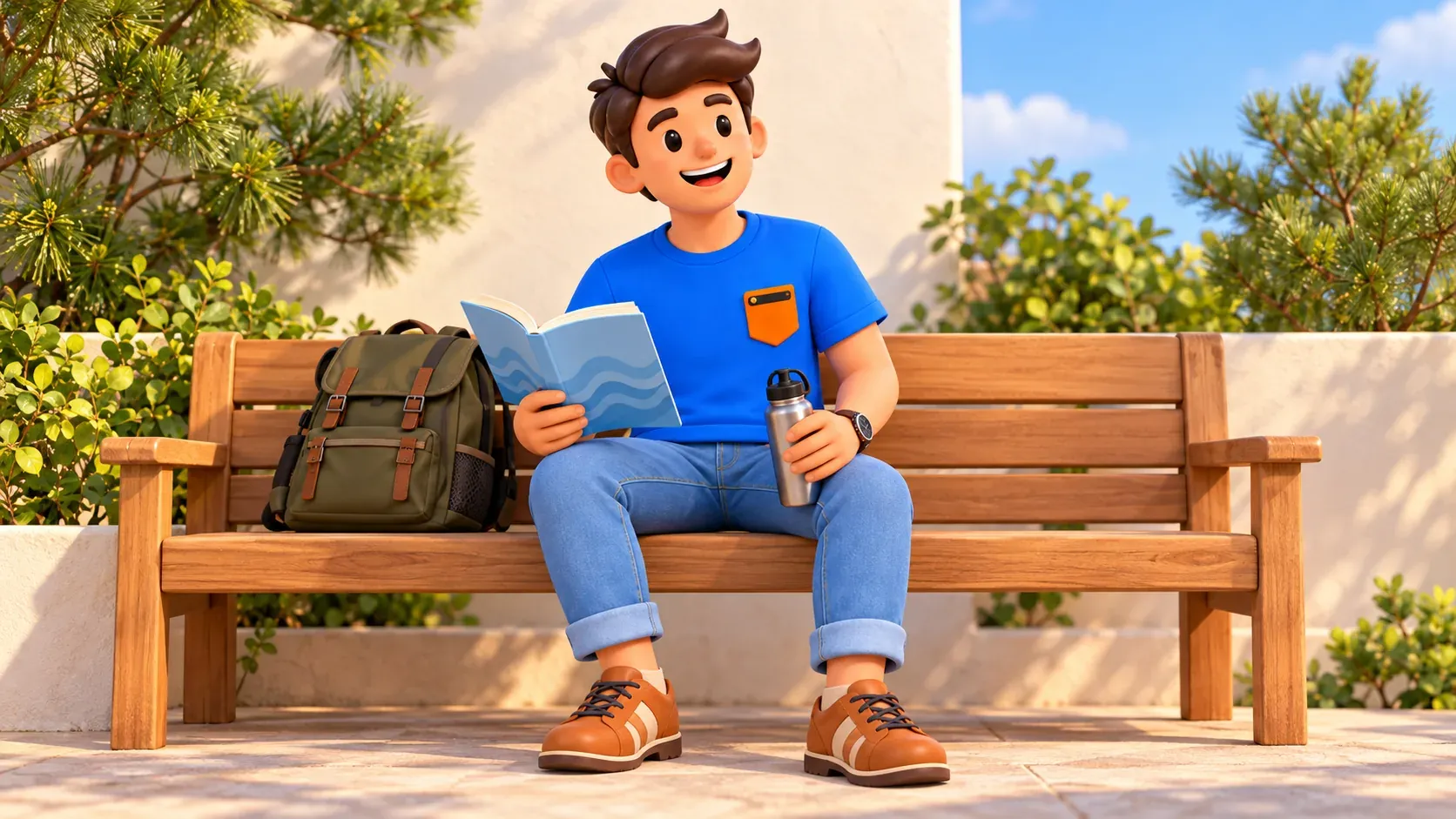 The traveller with a book and metal bottle rests on a bench among conceptual pine greenery.