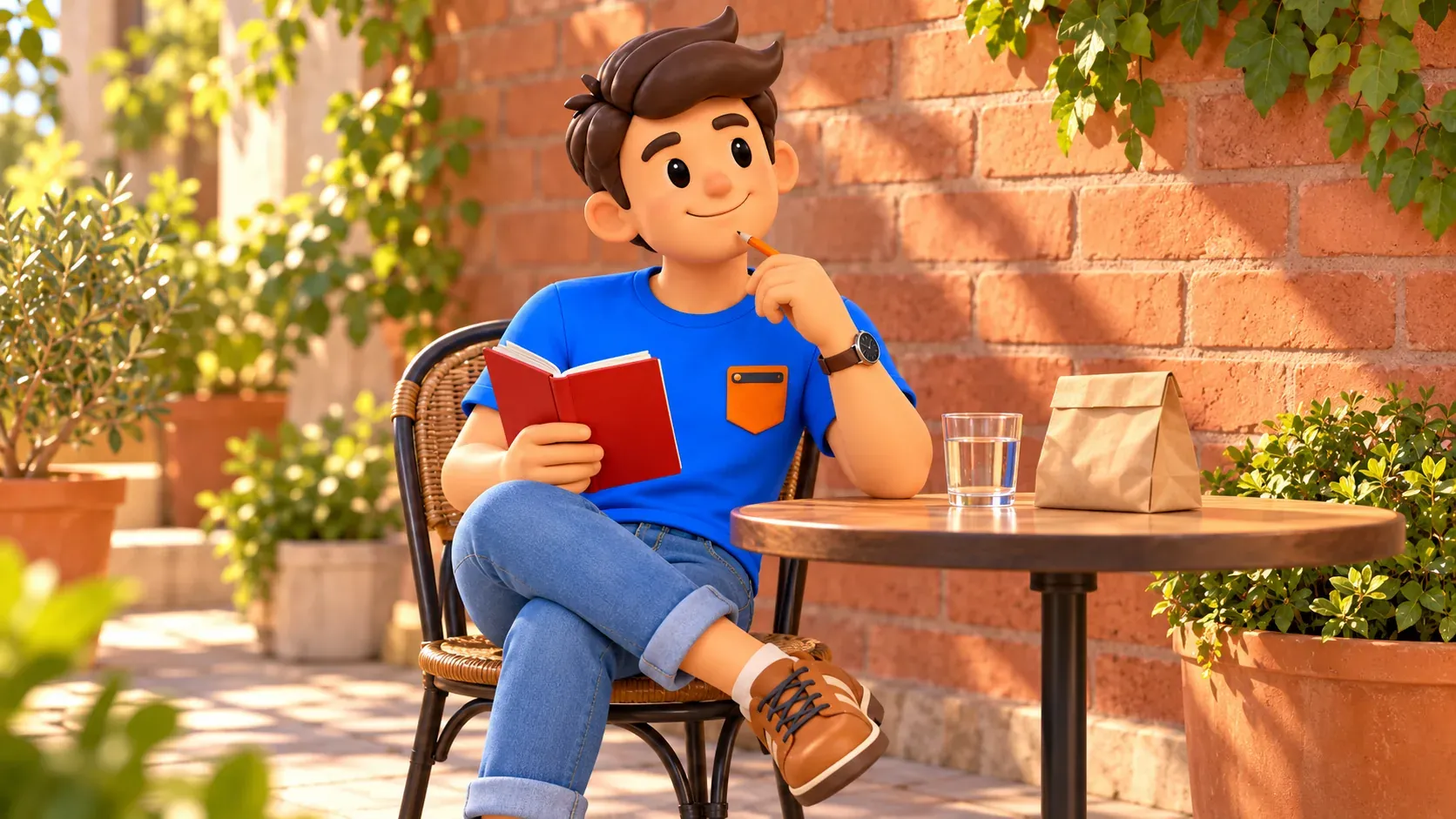 The traveller with a red notebook and pencil rests at a table with water beside a conceptual brick wall.