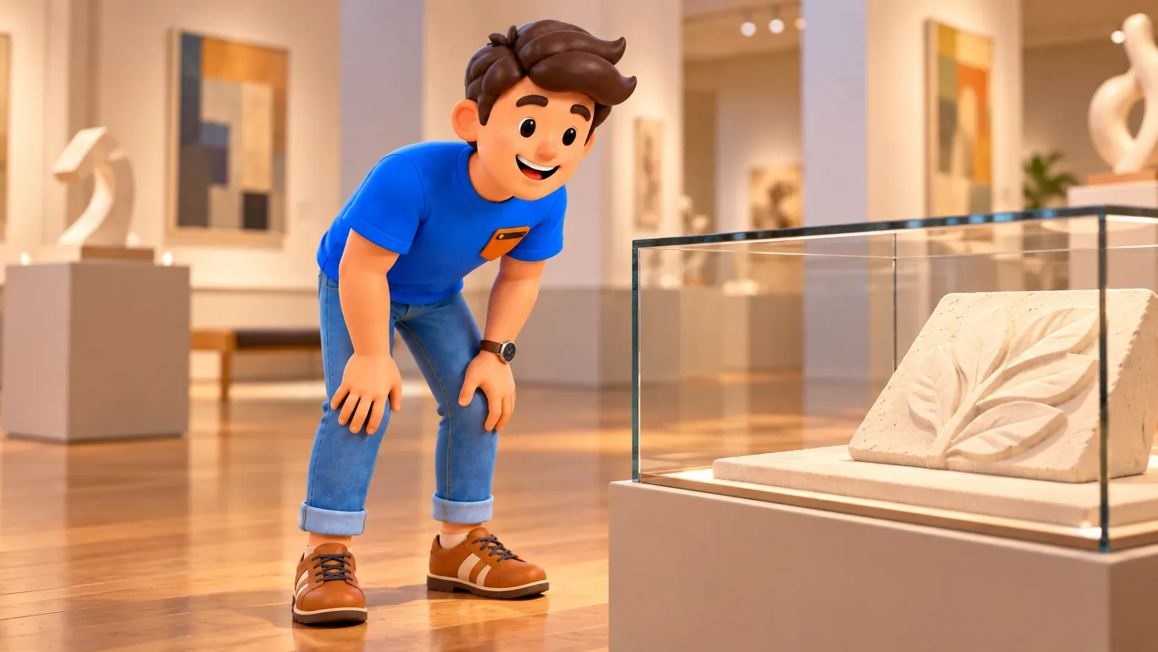 The traveller leans towards a conceptual display case holding an imagined stone leaf relief.