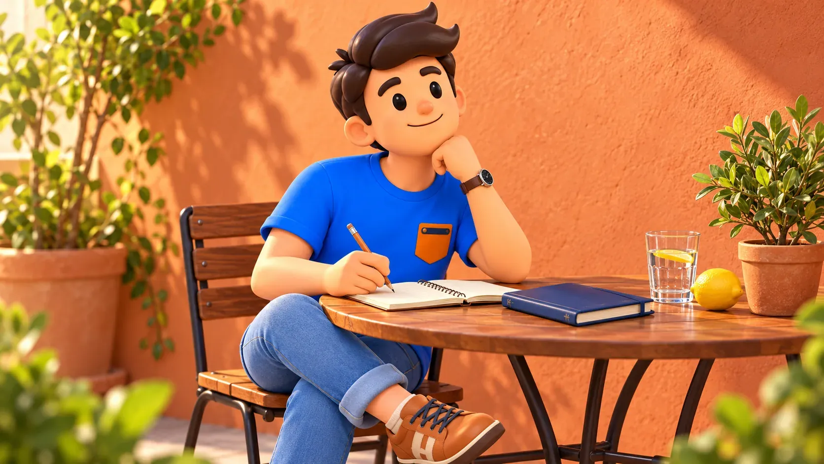 The traveller with a pencil and notebook reflects at a table with water and lemon.