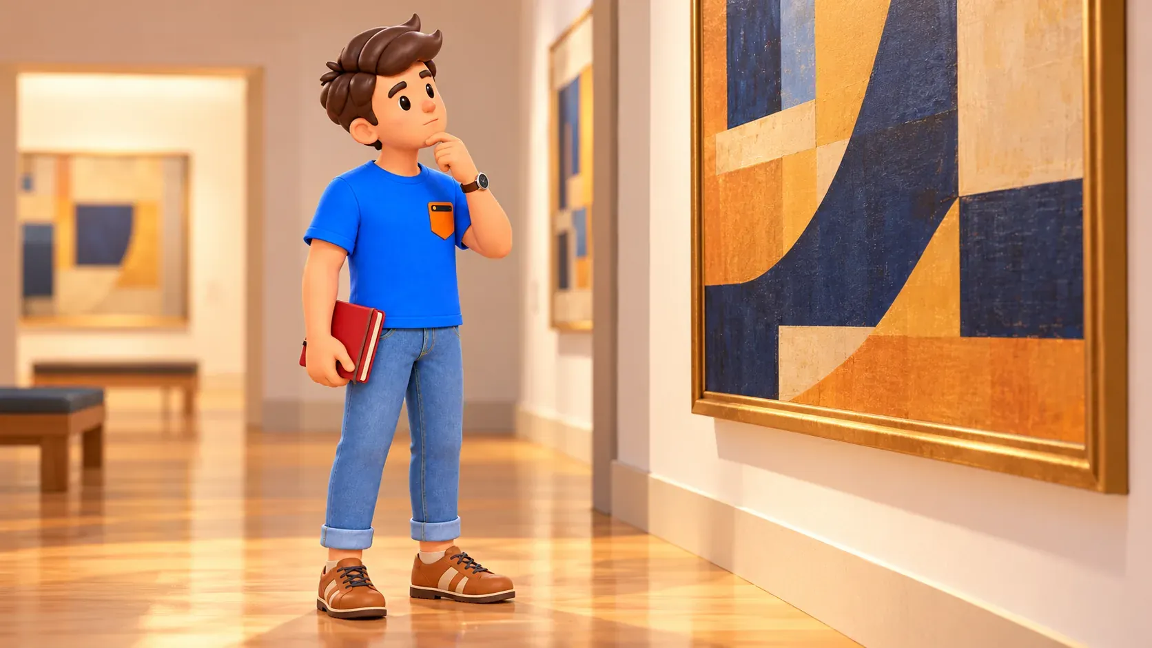 Le voyageur avec un carnet rouge réfléchit devant une peinture abstraite fictive dans une galerie imaginée.