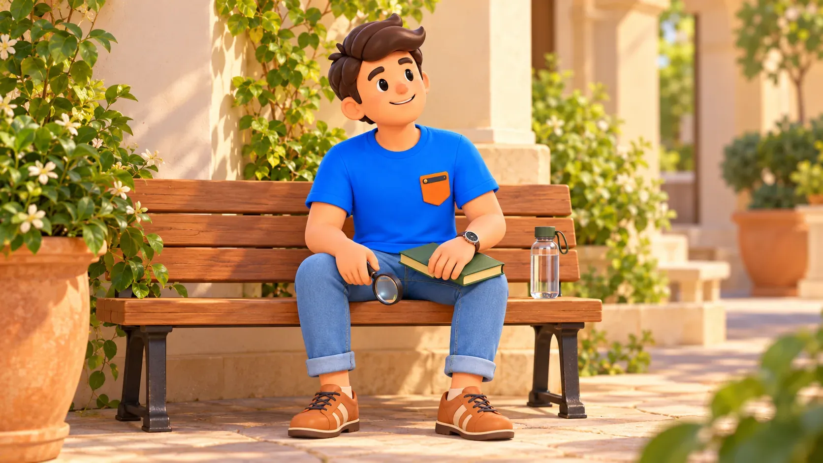 Le voyageur se repose sur un banc avec livre vert, loupe et bouteille dans une cour imaginée.